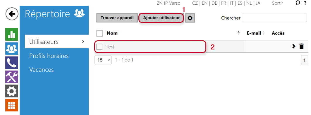 L'interface web 2N IP Verso - Répertoire - Utilisateurs - création ou modification d'un utilisateur