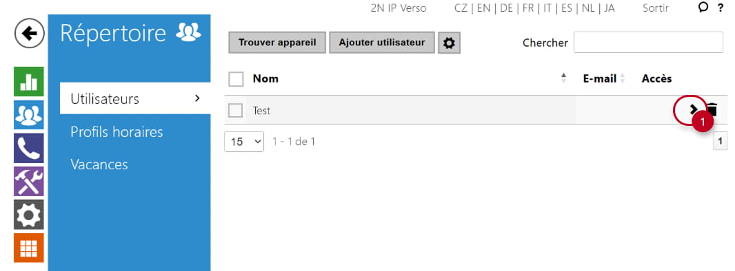 L'interface web 2N IP Verso - Etat - Repertoire - Utilisateurs - modification de l'utilisateur
