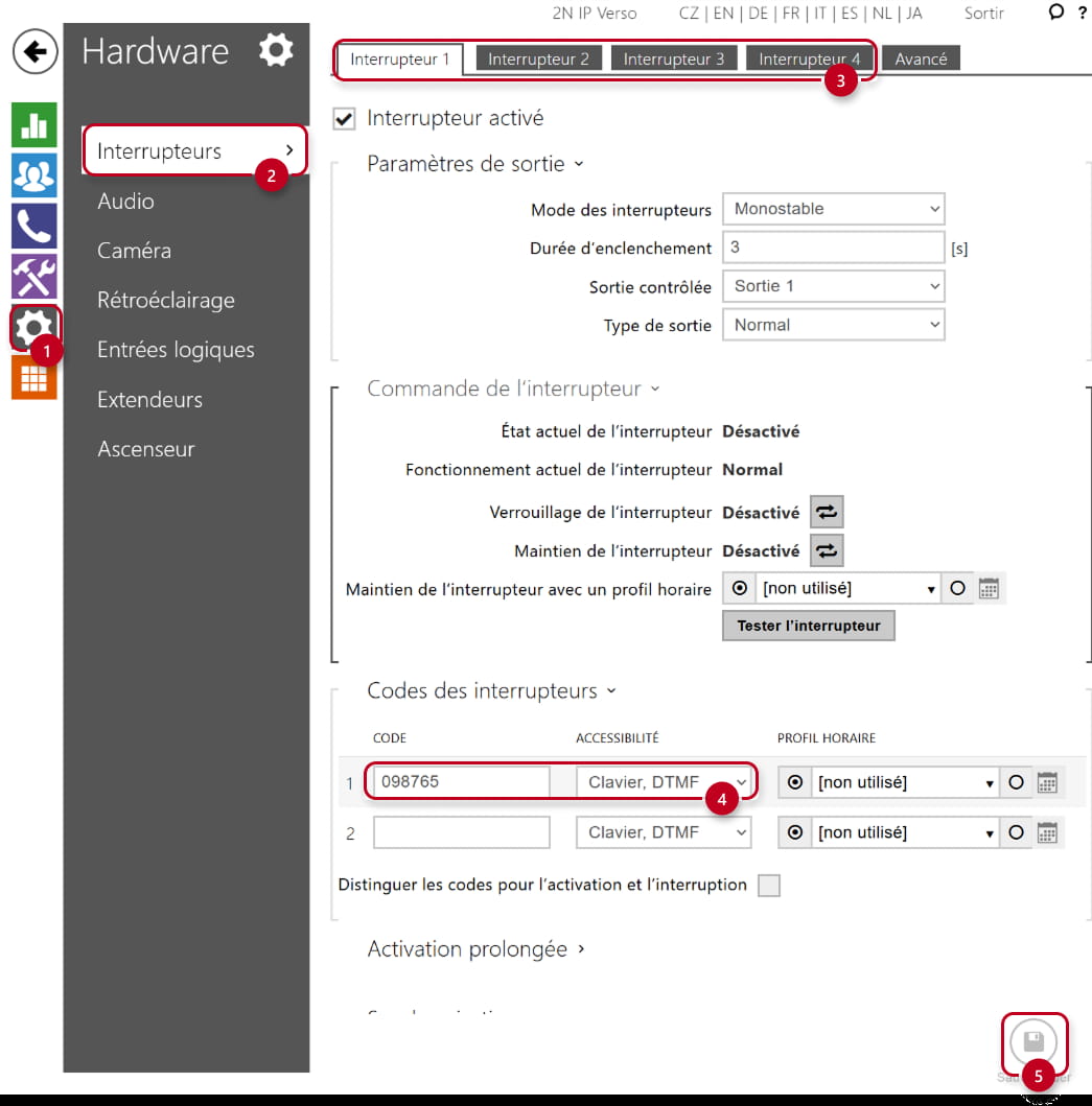 L'interface web 2N IP Verso - Hardware → Interrupteurs → Interrupteur 1 → Codes des interrupteurs