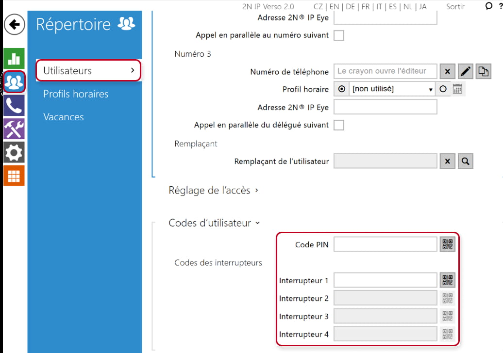 L'interface web 2N IP Verso 2.0 - Répertoire → Utilisateurs → sélectionnez un utilisateur → Codes d'utilisateur - Code QR