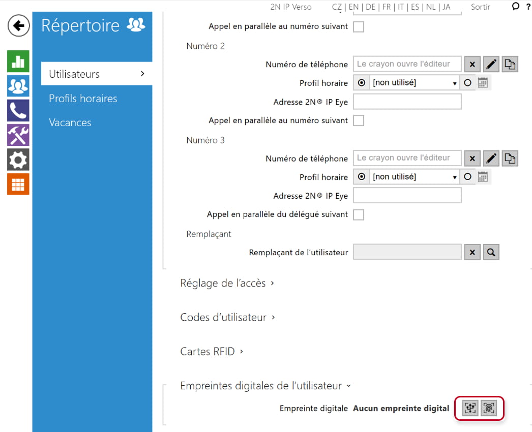 L'interface web 2N IP Verso - Répertoire → Utilisateurs → sélectionnez un utilisateur → Empreintes digitales de l’utilisateur