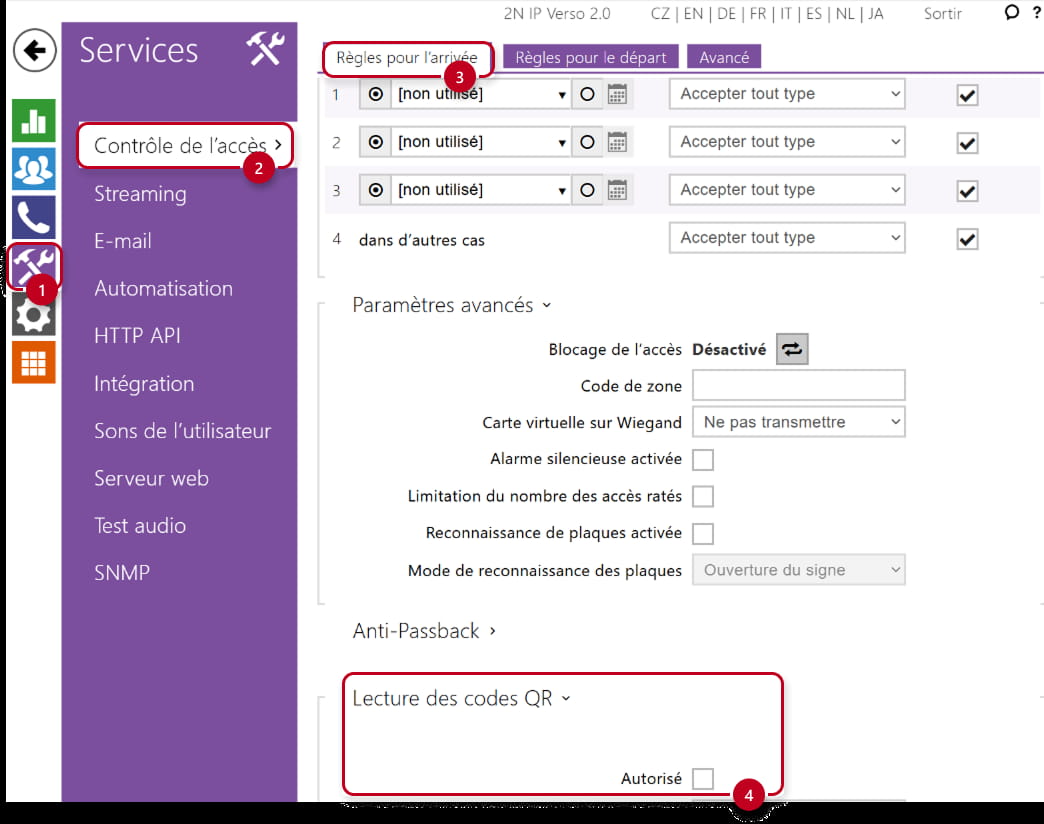 L'interface web 2N IP Verso 2.0 - Services → Contrôle de l’accès → Règles pour l'arrivée → Lecture des codes QR