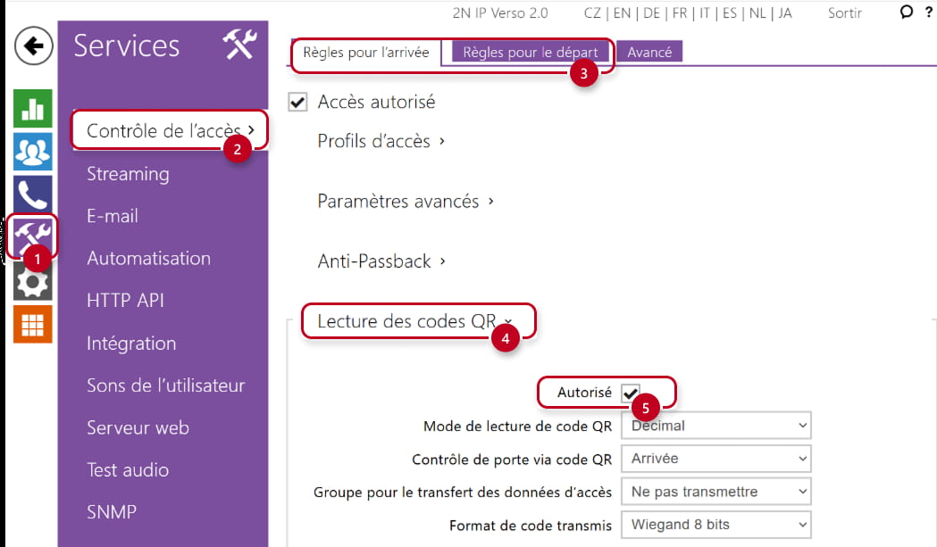 2N IP Verso 2.0 - Services → Contrôle de l’accès → Règles pour l'arrivée/Règles pour le départ → Lecture de codes QR
