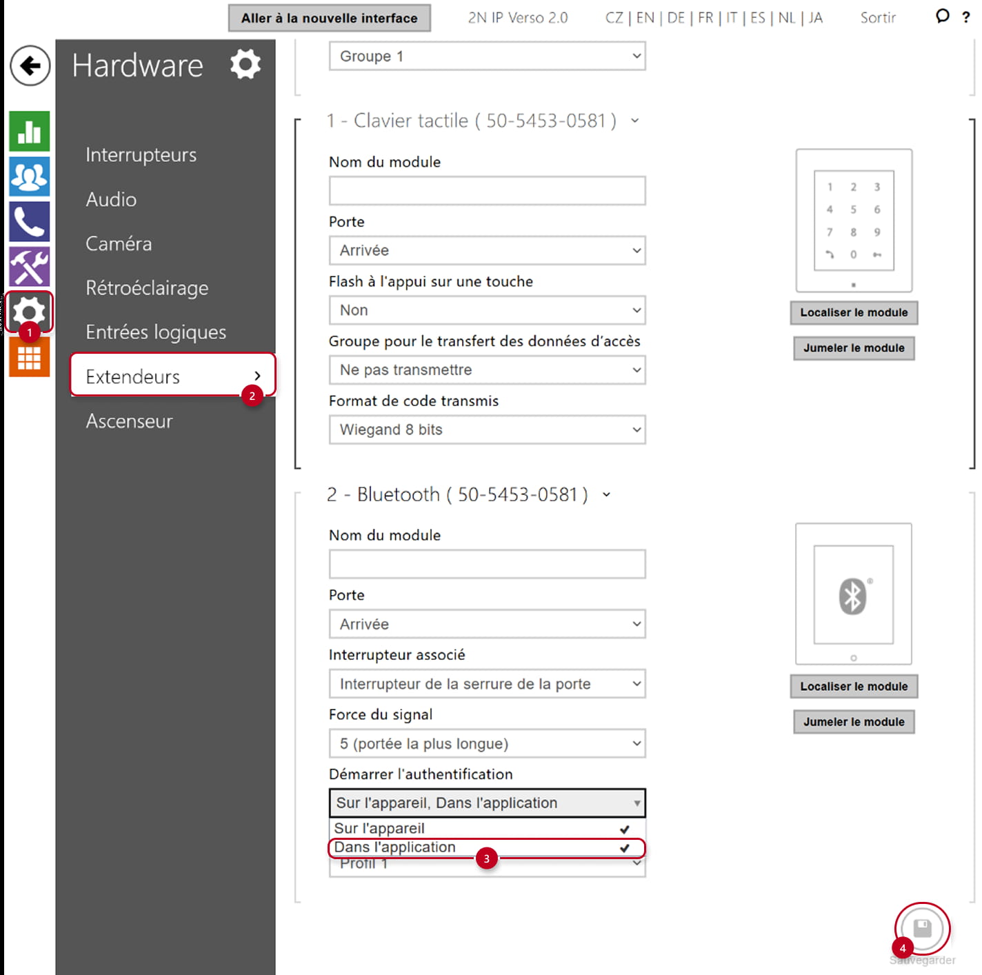 Hardware → Extendeurs → Option "dans l'application"