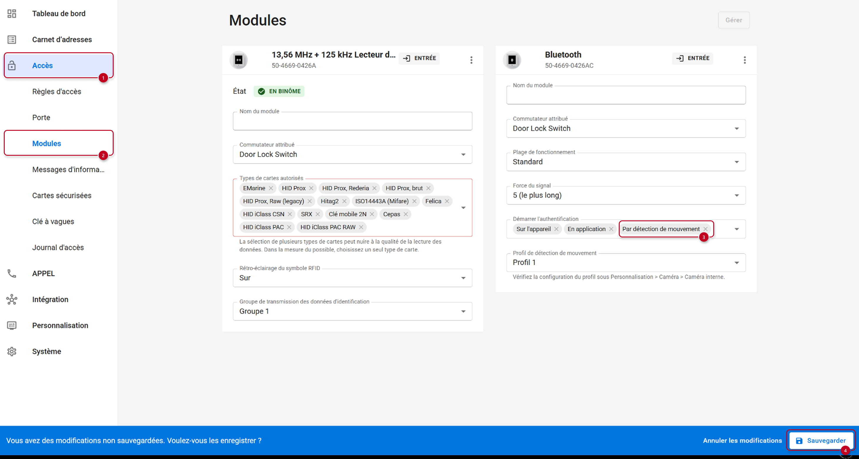 Nouvelle interface web - section Accès → Modules → Bluetooth. Activer l’option "Par détection de mouvement"