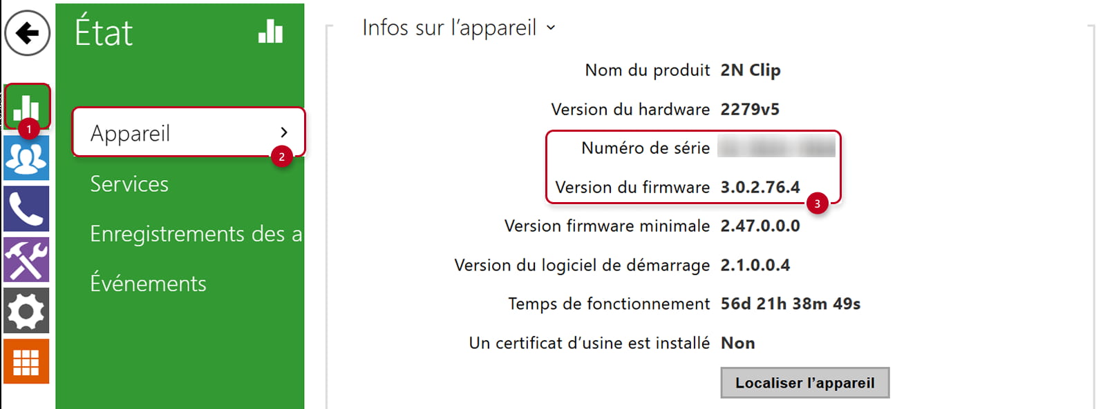 2N Indoor Talk – numéro de série + version du firmware