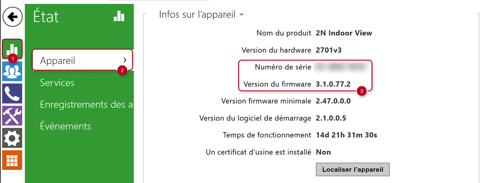 2N Indoor Talk – numéro de série + version du firmware