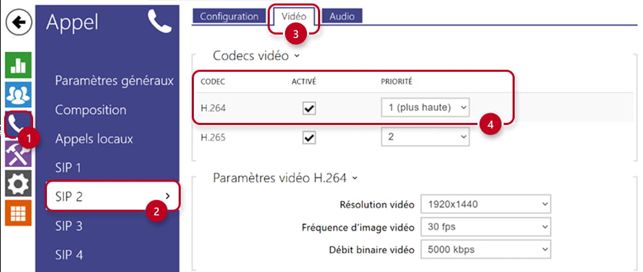 2N IP Interphone - Appel → SIP 2 → Vidéo → codec H.264