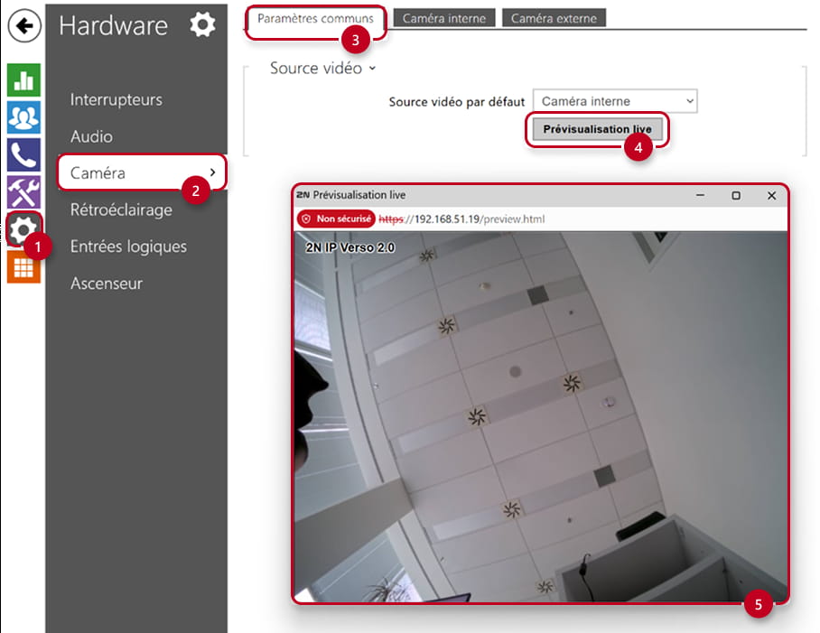 2N IP Intherphone - Hardware → Caméra → Paramètres communs → Prévisualisation live