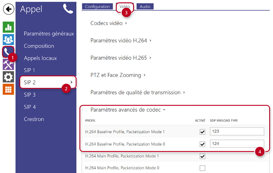 2N IP Intherphone - Appel → SIP 2 → Vidéo → Paramètres avancés de codec