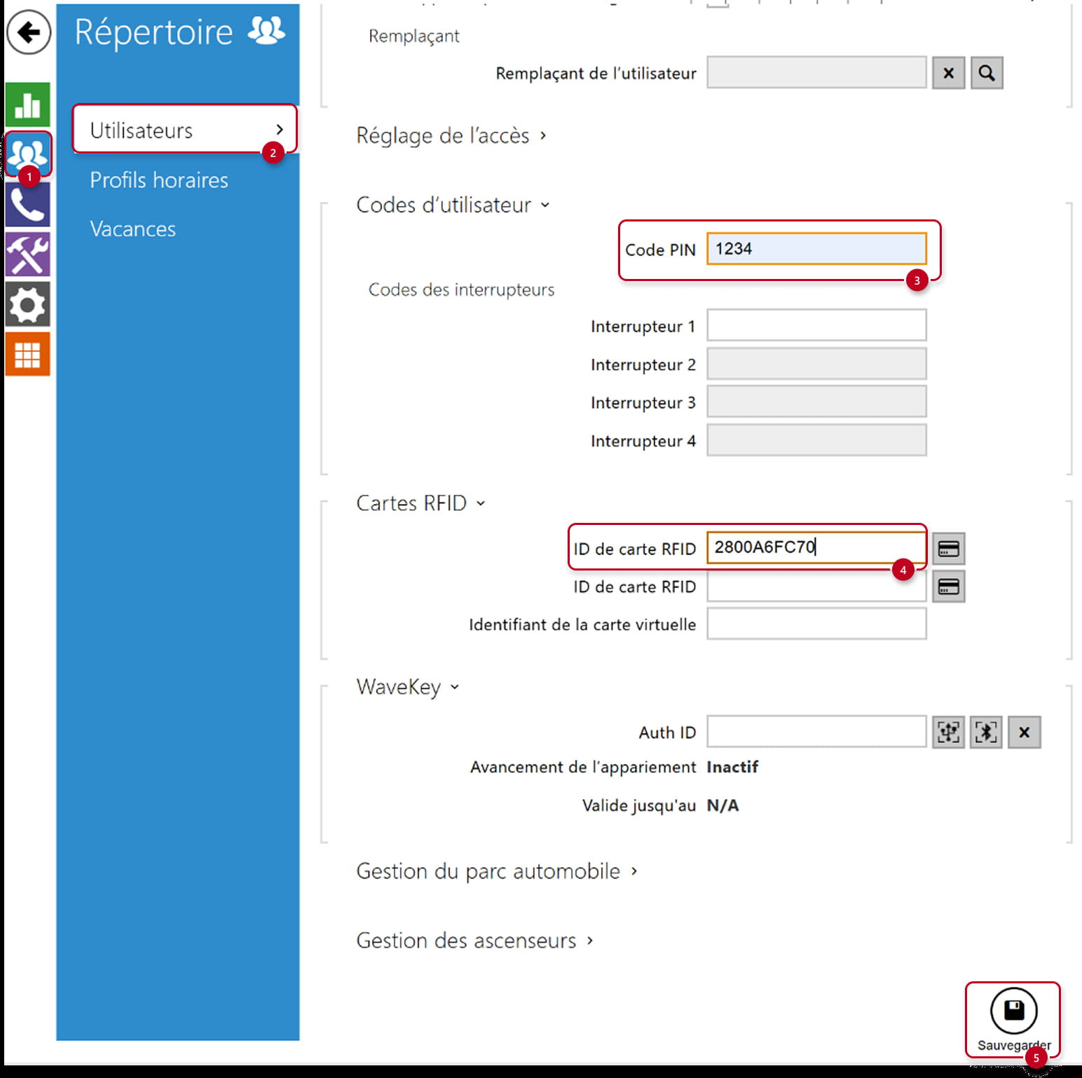 Répertoire > Utilisateurs > Code PIN et RFID carte