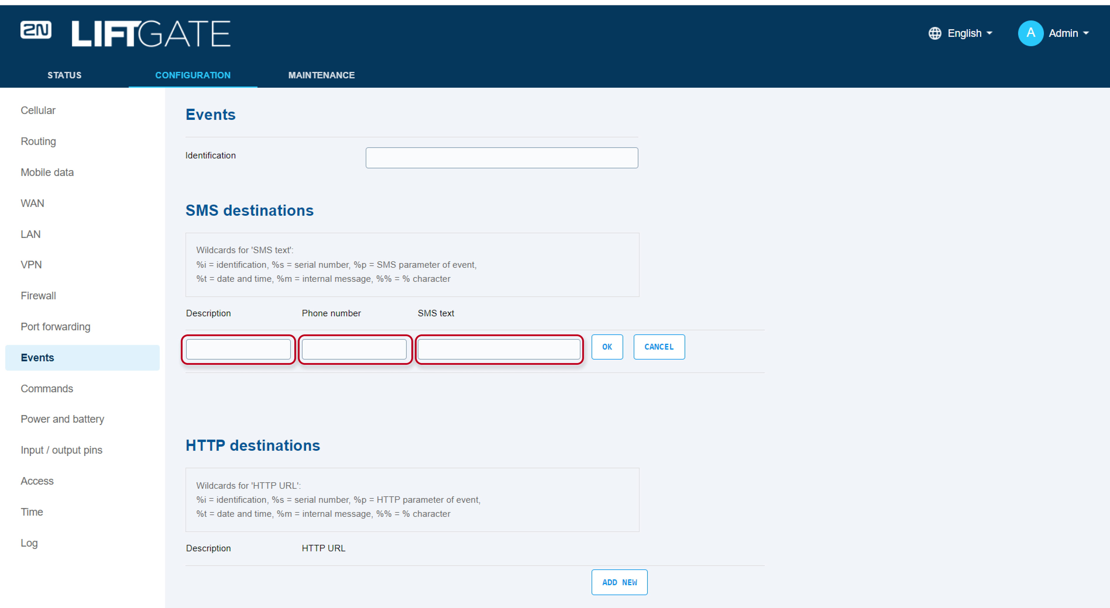 SMS parameters, destination