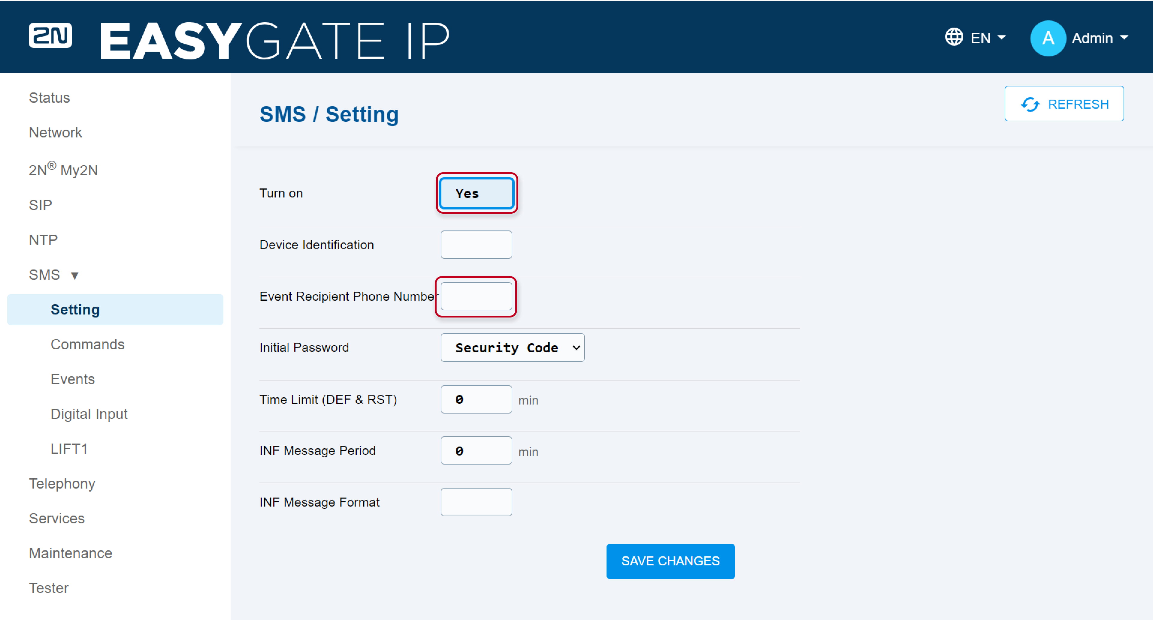 Turn on and recipient number settings
