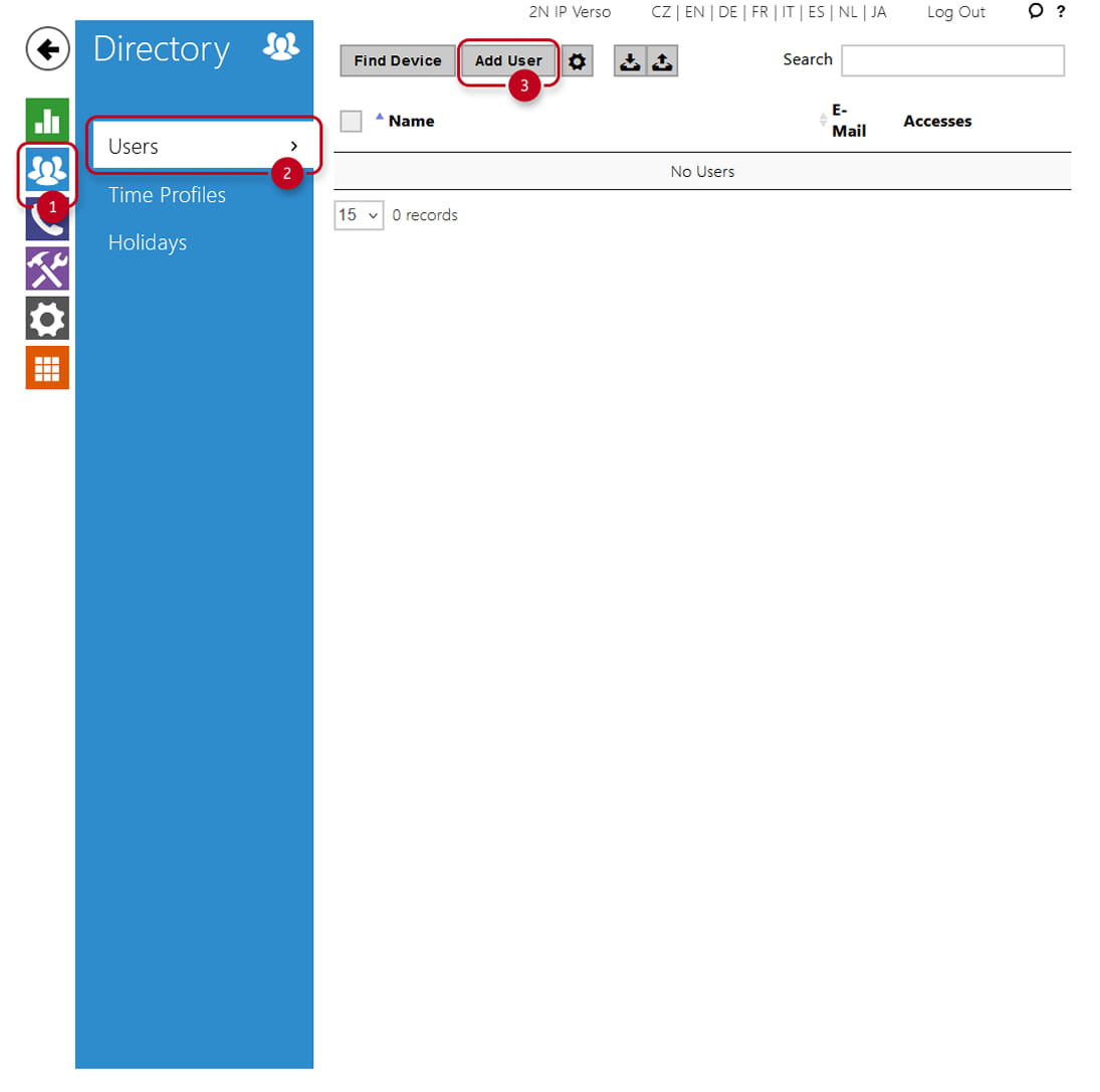 Intercom menu Directory, Users. Button add user