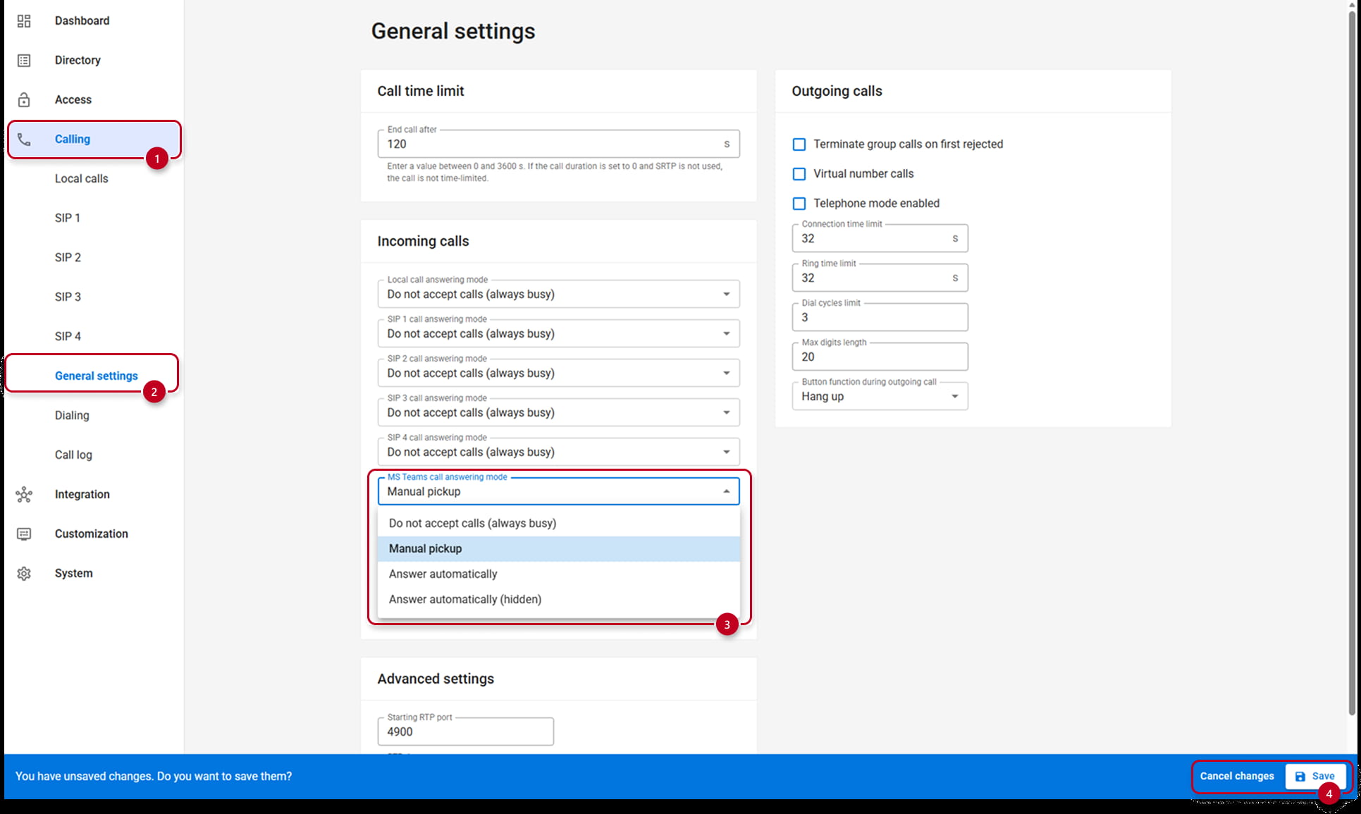 Answering mode setup for MS Teams