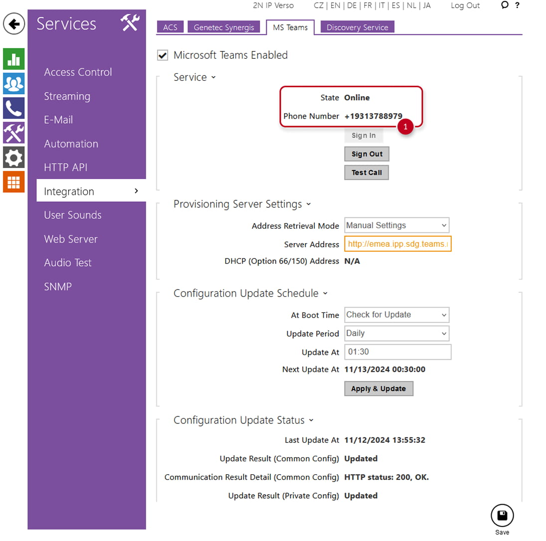 Intercom interface with registration state online and assigned phone number