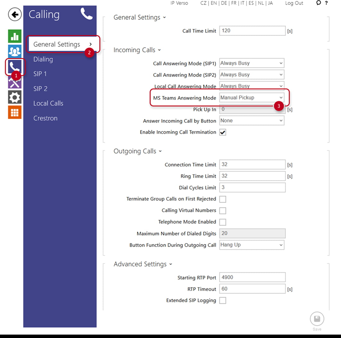 Intercom menu general settings - answering mode
