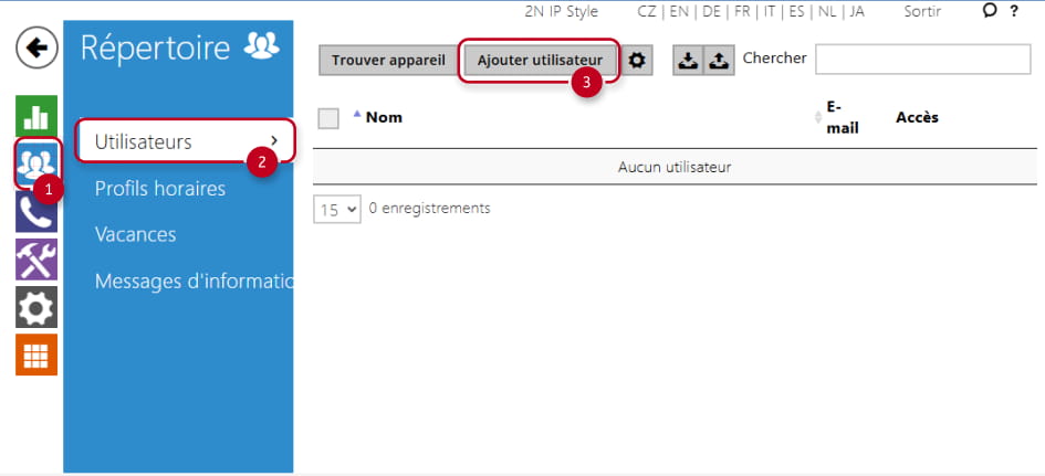 Intercom menu Directory, Users. Button add user