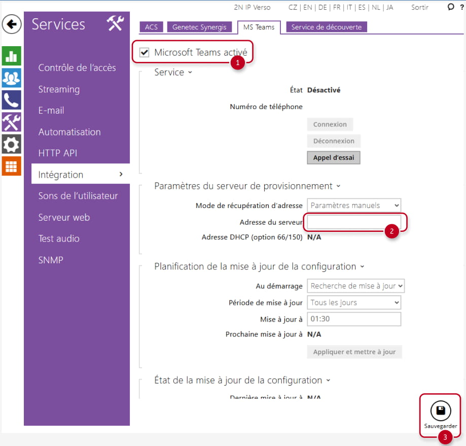 Integration page with Microsoft Teams tab and server address field