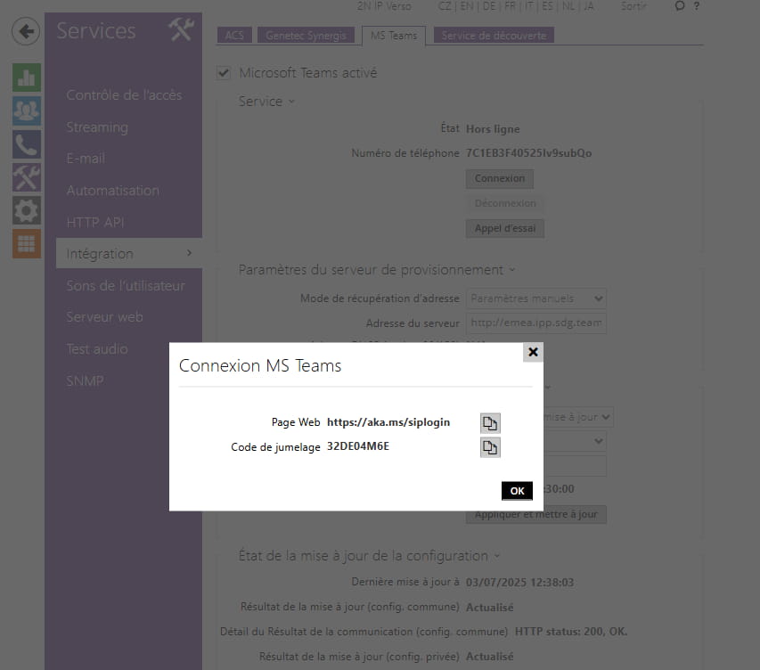 Intercom page with MS Teams sign in page and pairing code