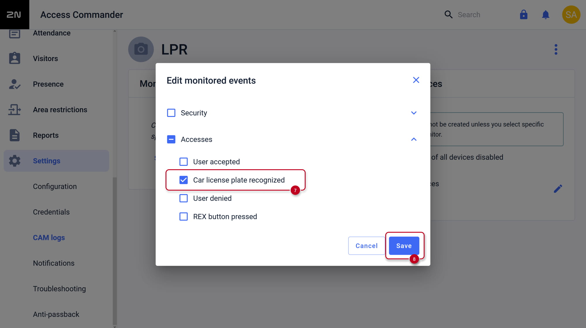 2N Access Commander - Settings - CAM logs - Selected monitored events