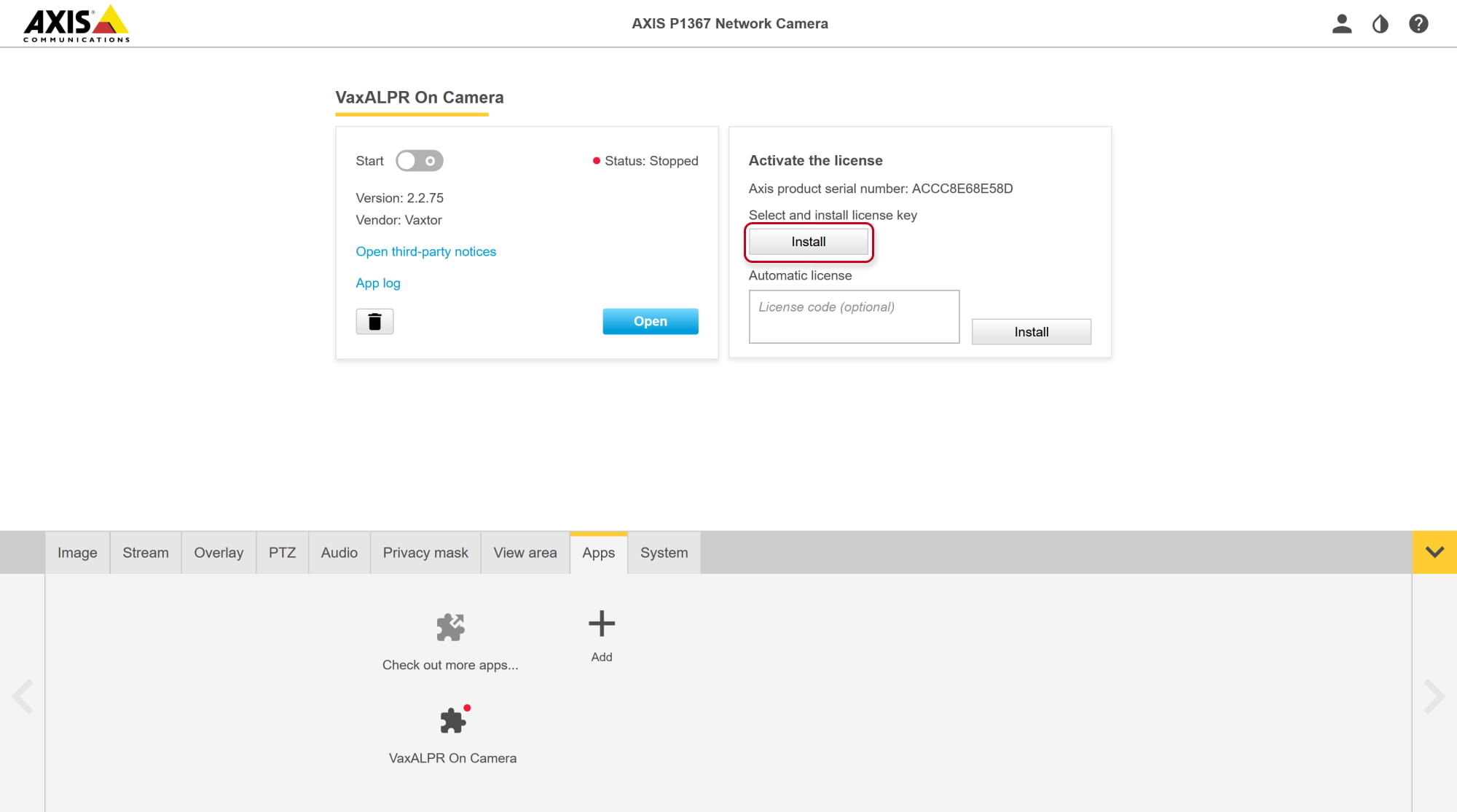 Axis network camera - settings - Apps - installed app - activate license