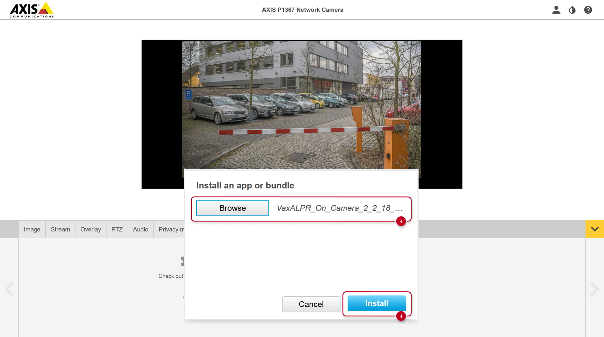 Axis network camera - settings - Apps - add new one - browse