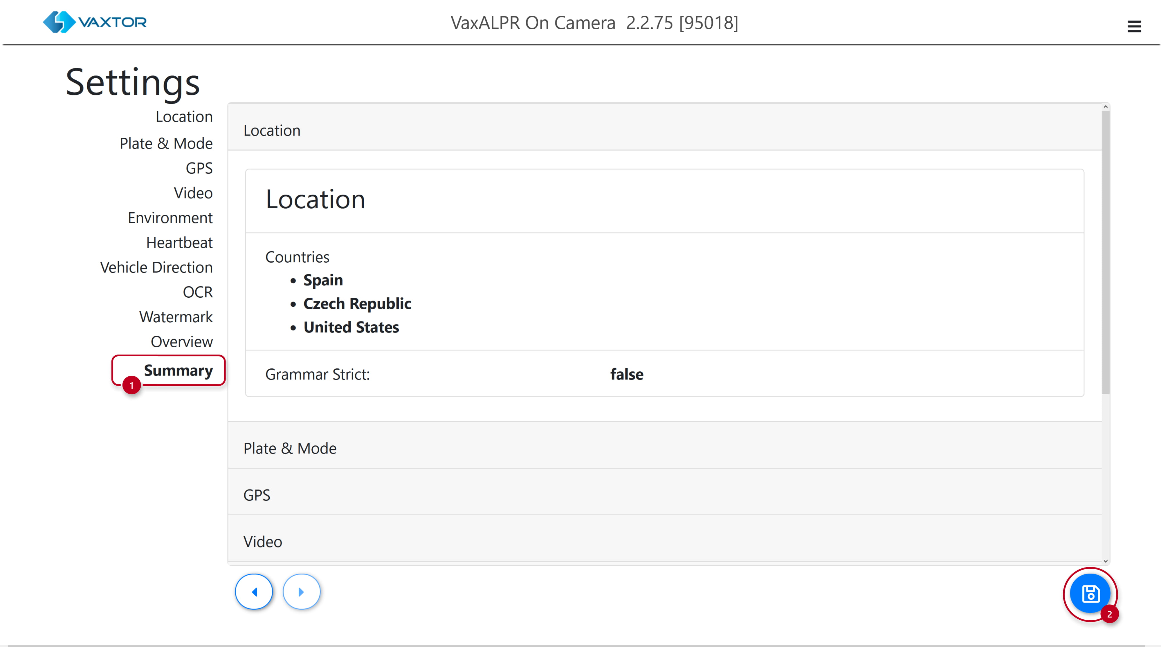 VaxALPR - Settings - Summary
