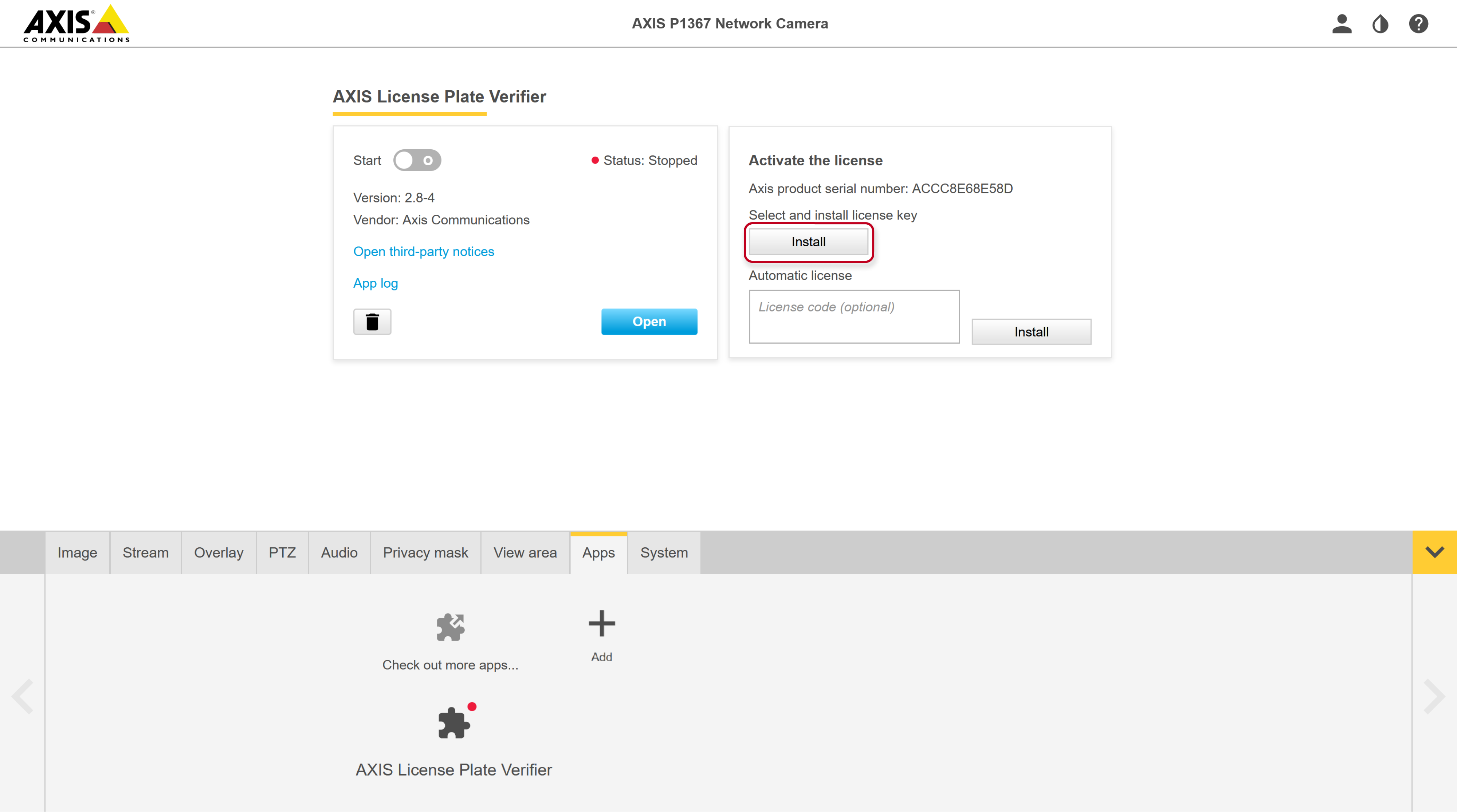 Axis network camera - ALPV - add the license