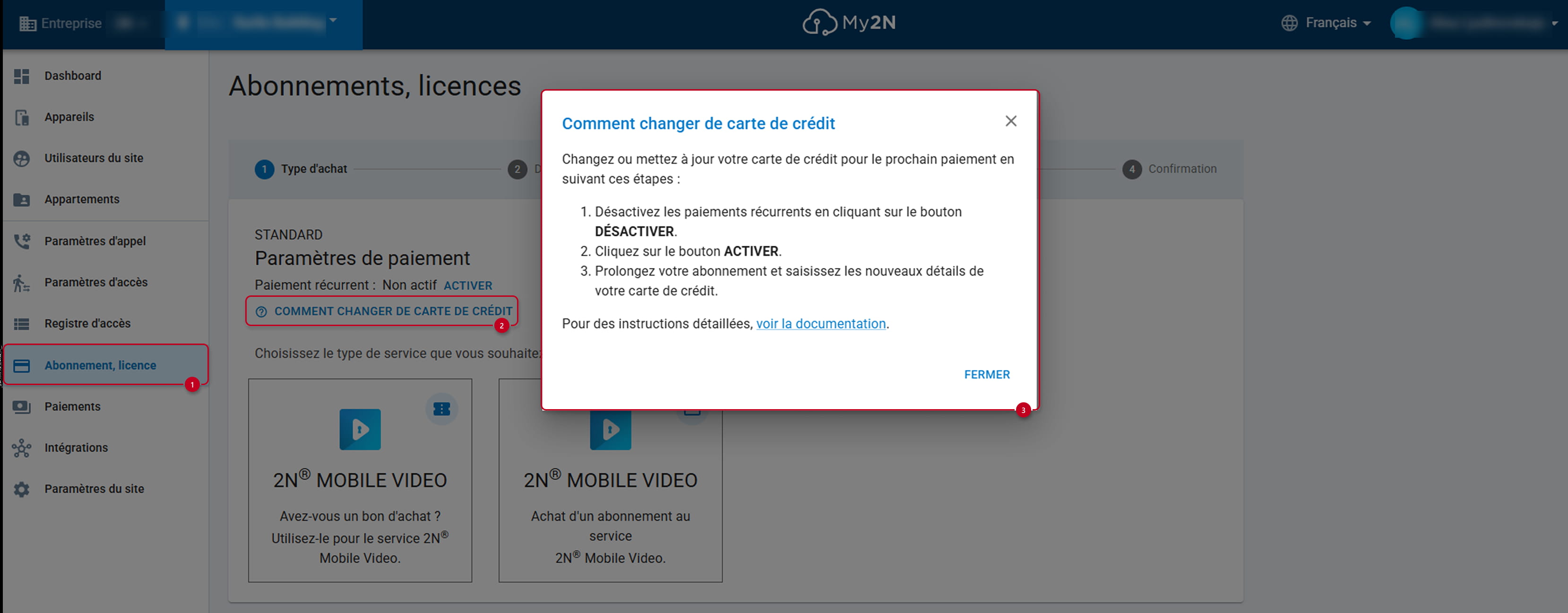 My2N - Abonnement, licence - Comment changer de carte de crédit